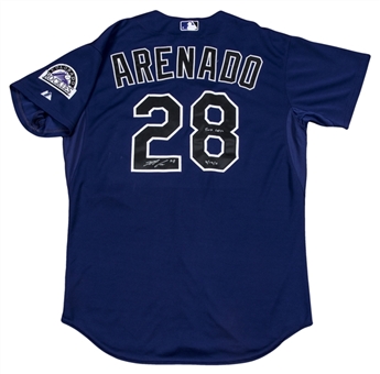 2015 Nolan Arenado Game Used, Signed & Inscribed Colorado Rockies Alternate Jersey Used on 4/11/15 For Home Run & 4/14/2015 For Tarp Catch! (Rockies LOA & PSA/DNA)